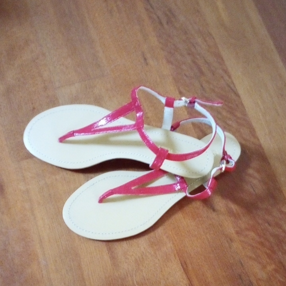 Pink and Cream T-Strap Sandals with Textured Sole